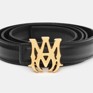 Amiri Black Leather Belt with Gold Monogram Buckle